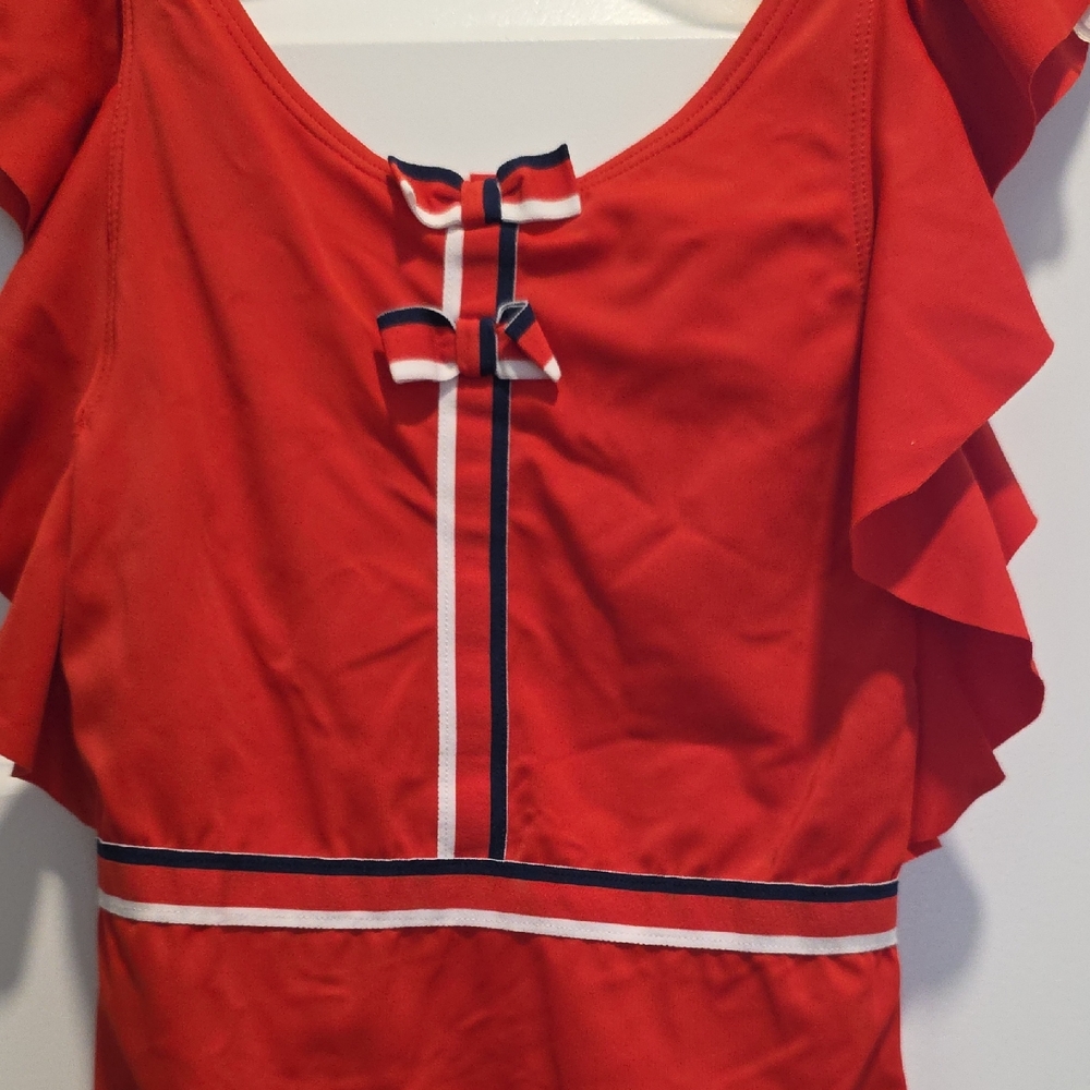 Janie and Jack Red One-Piece Swim with Navy & White Trim
